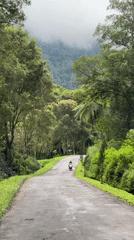 Early morning golf and motorcycle activity in Indonesian mountains