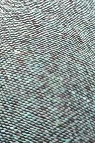 This video is a close-up, blurry shot of a textured surface, possibly fabric or reptile skin. The surface appears to be composed of numerous small, raised dots or scales arranged in a diagonal pattern. The lighting shifts throughout the clip, causing variations in the perceived color, which ranges from a dark gray to a bluish-green hue. There are no discernible people, objects, actions, or interactions visible. The environment is not identifiable.