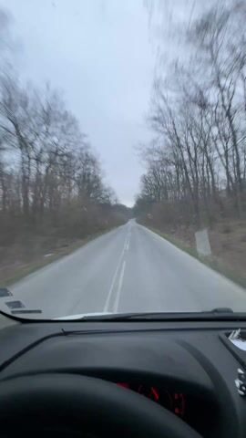 A forward-facing, in-car shot shows a vehicle traveling on an asphalt road that winds through a forest. The road is marked with a solid white line down the center. The trees on either side of the road are bare, and the sky is overcast and grey. The view is from the driver's seat, showing the steering wheel and part of the dashboard. A sticker is visible on the windshield. A car radio plays rock music. The camera appears relatively stable, recording the perspective of the driver.