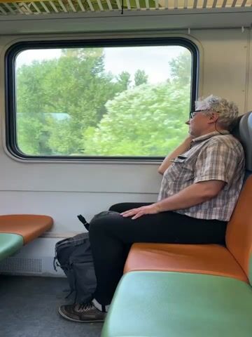 A medium shot captures a person with gray hair and glasses sitting on a train. They are wearing a plaid shirt and dark pants. Their left hand is raised to their ear, and they appear to be looking out the window. A backpack rests on the floor beside them. The train car has orange and green seats, and the window shows trees and a house in the background. The video consists of a series of still frames that appear to be captured at a slightly irregular interval.