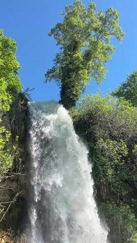 The video depicts a waterfall cascading down a rocky cliffside surrounded by lush green vegetation.  The water plummets powerfully, creating a mist at the base. Sunlight filters through the tree canopy, highlighting the clear blue sky above. The camera pans slightly to the right, emphasizing the height and volume of the waterfall in relation to the surrounding landscape.