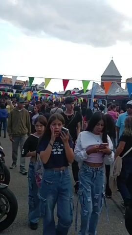 Here's a concise description of the video:

The video shows a street fair crowded with people. There are rows of motorcycles parked on the left side of the frame. Colorful pennant banners are strung overhead, and vendor tents line the sides of the street. People of various ages stroll through the fair, some looking at their phones, others talking. A building with a tower is visible in the background. The sky is overcast.