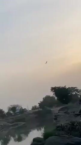 The video pans across a body of water on a hazy day, with the sky largely obscured by clouds. In the first few seconds, a bird is briefly visible flying in the upper portion of the frame. The camera moves to reveal a tower-like structure with a small, green-roofed platform atop a concrete pillar. The shoreline is sandy and rocky with sparse vegetation. The water reflects the sky.