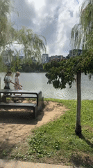 Morning at Batumi's lakeside park, sculptures and skyline