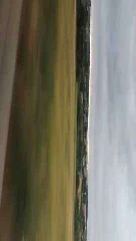 The video is a sideways-oriented, blurry view from inside a vehicle, likely a car or train, moving at a high speed. The landscape outside consists of agricultural fields, predominantly green and brown, with trees lining the horizon. The sky is overcast and grey. The movement of the vehicle creates a motion blur effect, making the details of the scene indistinct. There are no people or specific objects clearly visible within the frame.