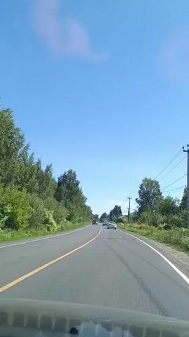A vehicle drives down a two-lane road surrounded by trees. Several other vehicles are visible ahead, including a black SUV and a white car. The sky is clear and blue with a few wispy clouds. Telephone poles and wires are present along the side of the road. The road has a yellow line dividing the lanes and a white line on the shoulder.