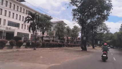 Motorcyclist travels tree-lined road in Banda Aceh morning