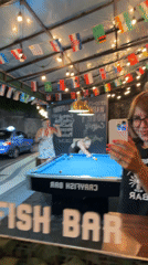 Evening crawfish dining and pool games documented in Kuta
