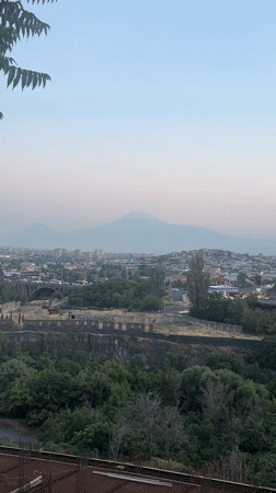 Yerevan at dusk, Mount Ararat looming over the city