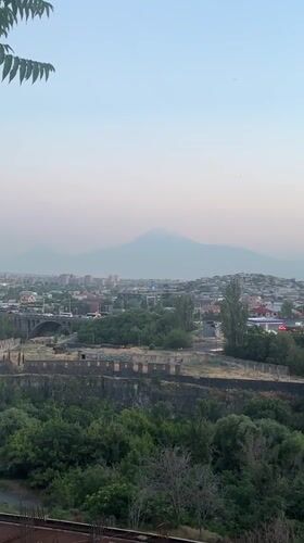 Yerevan at dusk, Mount Ararat looming over the city