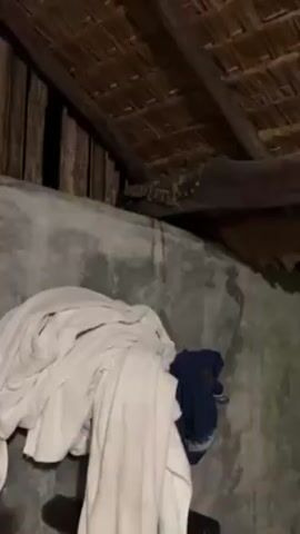 The video shows a gecko on a wooden beam near a ceiling made of thatched material. The gecko is brown and green with striped markings on its tail. Below the gecko, there is a gray wall, and a pile of white towels and a blue shirt on what appears to be a shelf. The lighting is dim, and the environment seems to be inside a rustic building. The camera zooms in on the gecko as the video progresses.
