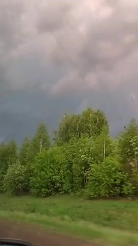 The video shows a view from inside a moving vehicle, looking out at a roadside scene. The dominant features are lush green trees interspersed with birches and a dramatic sky filled with dark, ominous clouds. There are also pinkish hues, possibly indicative of dawn or dusk. The camera movement gives a sense of speed. The overall tone is somewhat unsettling due to the stormy sky, yet also visually appealing due to the greenery. The side mirror of the car is visible, indicating the viewpoint. The background is blurred, enhancing the feeling of motion.