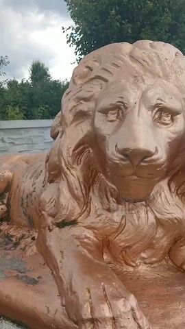 A bronze lion statue is shown up close, with a white stone wall and green trees in the background. The statue is weathered, with some moss and dirt visible on its surface. The lion is in a reclining position, with its head raised and facing the camera. The sky above is cloudy.