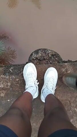 A person stands on a concrete ledge, peering over the edge into muddy water below. The person wears white tennis shoes and dark shorts. A corroded metal pipe runs along the ledge. A palm tree's reflection can be seen in the water. Some greenery grows by the edge of the water. The camera captures the scene from the person's perspective, looking down.