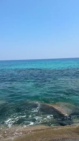 The video shows a clear blue sky above a calm turquoise ocean. The water is a beautiful gradient, shifting from a deep blue in the distance to a vibrant teal closer to the shore. Gentle waves lap against large, smooth rocks in the foreground. The shoreline in the background appears to be a sandy beach lined with some vegetation and hills. There are a few small white clouds scattered in the sky. A red buoy is visible in the water about halfway through the video. The scene is peaceful and idyllic, suggesting a warm, sunny day at a coastal location.