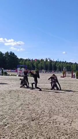 The video shows a group of five individuals in black uniforms performing a synchronized routine on a sandy outdoor arena. They are in various poses, some kneeling and some standing, with their bodies arranged in formations. In the background, there are trees, flags, and what appears to be part of an equestrian event setup, including a white jump fence and banners. The sky is clear and blue with a few scattered clouds. The overall setting suggests a performance or demonstration taking place at an outdoor venue, possibly during a competition or exhibition.