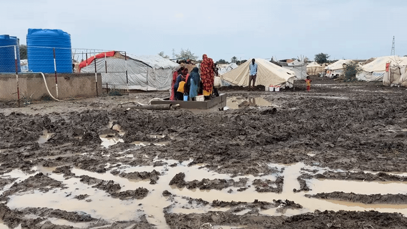 Flooded tent camp in Al Babali, Sudan amid muddy conditions