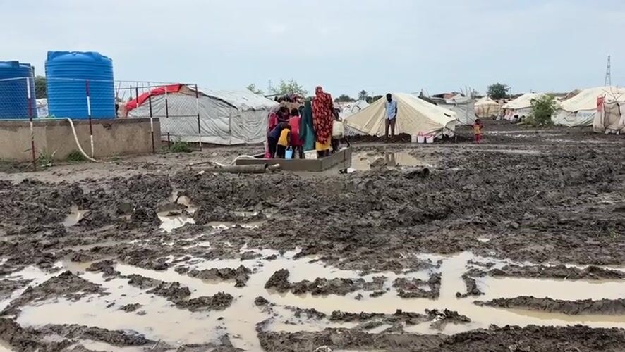 Flooded tent camp in Al Babali, Sudan amid muddy conditions