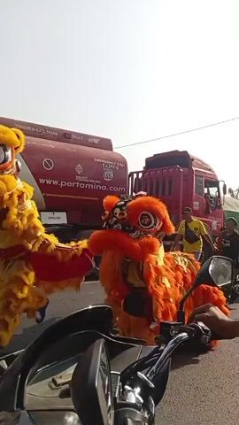 The video shows a street scene where two people in lion dance costumes are performing in front of large trucks. One truck is a red tanker truck with "PERTAMINA" written on its side. The other trucks are green and appear to be cargo trucks. The lion dance costumes are colorful, with orange and yellow as dominant colors. One person in a yellow shirt is visible standing near the tanker truck. The ground appears to be asphalt, indicating a road. The sky is clear and bright, suggesting it is daytime. The perspective of the video is from someone on a motorcycle, with a mirror reflecting the scene.