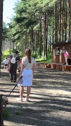 A group of people, including adults and young children, are walking on a dirt path through a forest. The path is lined with tall pine trees. In the background, there is a small wooden structure with a stage. One person on the stage is wearing bright pink clothing and appears to be performing or speaking. Some children are running towards the stage, while others are walking with adults. The overall scene appears to be an outdoor event or gathering in a natural setting.