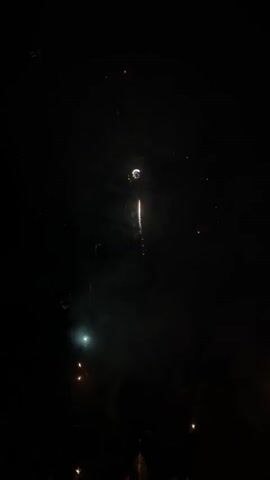 This video captures a fireworks display at night. The scene is dark, illuminated by the explosions of fireworks which create bursts of light and smoke. At the bottom of the frame, silhouetted trees and the tops of what appear to be people's heads are visible, suggesting an outdoor gathering. The fireworks range in color, primarily gold and white, with some red and yellow hues also present. The display seems to be ongoing, with multiple bursts occurring in succession, creating a dynamic and visually engaging spectacle against the black night sky.
