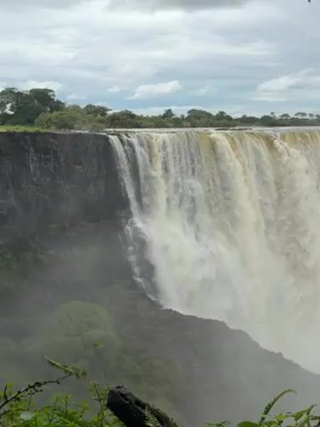The video shows a wide waterfall cascading over a cliff. The water is a tan color and the amount of mist makes it hard to see the bottom. The cliff edge is covered in trees and plants. The sky is cloudy. The video is shot from an eye-level perspective, from behind a tree branch.