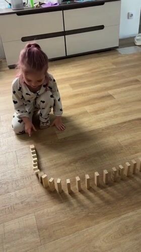 Domino setup about to meet its natural enemy: a curious cat