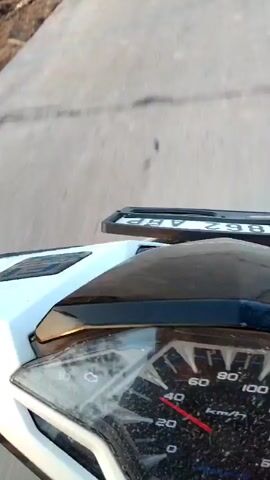 The video shows a first-person perspective of someone riding a motorcycle on a paved road. The dashboard of the motorcycle is visible, displaying a speedometer that indicates a speed of approximately 40 km/h. The road is lined with trees on both sides, and there are green fields to the left. The sky is visible above, and the lighting suggests it is daytime. The video captures the motion of riding the motorcycle along this scenic route.
