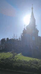 Orthodox church with golden domes filmed in Chaikovsky, Russia