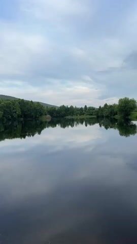 A serene lake reflects a cloudy sky and lush green trees lining its banks. The foreground features tall grass on the left side of the frame. The camera pans slightly, offering a slightly different perspective of the tranquil landscape.