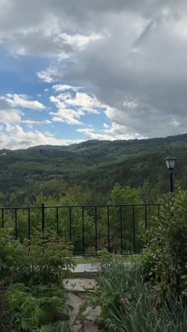 The video shows a view of a lush, green landscape framed by a black wrought-iron fence. The landscape consists of rolling hills covered in dense forest, with small structures or buildings visible on some of the hilltops in the distance. A classic black lamppost stands to the right of the fence. In the foreground, various plants and greenery fill the space between the fence and the camera. The sky above is partly cloudy, with patches of blue sky visible through the white, puffy clouds. The video is taken from a slightly elevated position, offering a wide view of the scenic landscape.