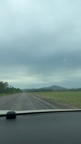 A car drives down a straight, two-lane highway on a cloudy day. The road surface is dark and appears wet. There is a wide, green field to the right of the road and a line of trees to the left. In the distance, there are gently sloping mountains or hills. The sky is overcast with a uniform grey color. The view is from inside the car, looking out through the windshield. A small black object is visible on the dashboard. There are no other vehicles visible in the video.