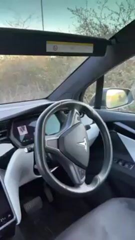 The video shows the interior of a Tesla car driving on a dirt road, probably in the countryside, as trees and greenery can be seen through the windshield. The car's dashboard is visible, with a large touchscreen displaying a camera view of the rear. The steering wheel is black, and the interior is predominantly white and black. Music is playing in the background.