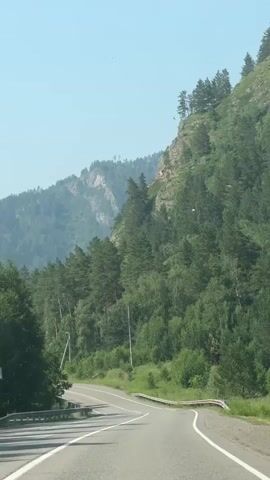 A car drives on a paved road that curves to the left. The road is bordered by a guardrail and vegetation on the left and right. A steep, forested mountain rises on the right side of the road. The sky is clear and blue.