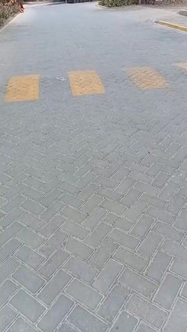 The camera moves slowly across a paved brick road. The bricks are gray and laid in a herringbone pattern. Yellow squares are painted on the road, marking it as a pedestrian crossing. A discarded mask lies on the bricks. In the distance, vegetation is visible on either side of the road.