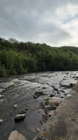 The video depicts a river with a rocky bed and fast-flowing water. The camera is stationary, capturing a wide shot of the river as it rushes over and around numerous rocks of varying sizes. On the right side of the frame, there is a concrete structure, possibly a ledge or part of a bridge, adding a man-made element to the scene. The river is bordered by a lush, green forest on the far bank, and the sky above is overcast, with grey clouds dominating the view. The overall lighting is subdued due to the cloudy sky, casting a calm and natural atmosphere over the scene.