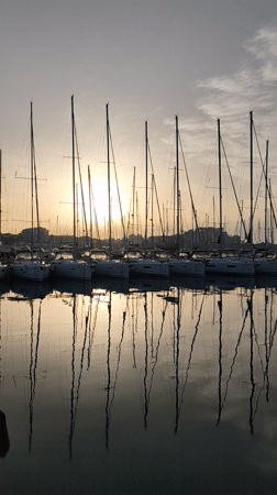 Kayaker navigates Dénia marina as locals dine outdoors