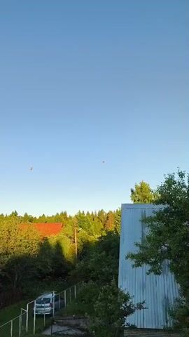 A red hot air balloon is visible in the sky. The balloon is small in the frame, indicating it is far away. The sky is clear and blue. Below the balloon, there is a line of green trees, which appear to be a forest. There are also hints of red rooftops and what looks like a white structure on the right side of the frame. The sun is shining, casting shadows and illuminating the scene.