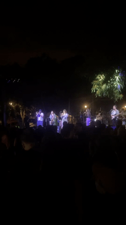 Band performs nighttime outdoor concert with purple stage lighting