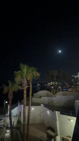 The nighttime scene is a view from a balcony overlooking a resort or residential area. The sky is dark with a full moon. In the foreground, there are three palm trees of varying heights. The buildings below are white with low walls and steps leading up to different levels. Lights illuminate the walkways. In the distance, there is a body of water and buildings with lights. The audio includes indistinct speech.