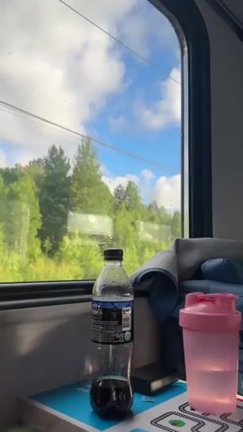 The video shows a view from inside a train looking out the window. Outside, there are green trees and a blue sky with white clouds. Inside the train, on a table, there is a bottle of dark liquid, a pink shaker cup with liquid, and a grey blanket. The train appears to be moving as the scenery outside is slightly blurred.