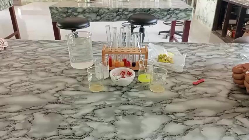 The camera shows a variety of lab equipment arranged on a marble-patterned table in a laboratory. Included are test tubes filled with colored liquids, beakers with different colored solutions, a mortar with a pestle containing a red substance, a beaker of clear liquid, a bag of yellow items, and a red tool. In the background, there are additional tables and stools, and some storage shelves. Someone’s hands are visible at the right side of the frame. There are two short, indistinct speech segments during the clip.