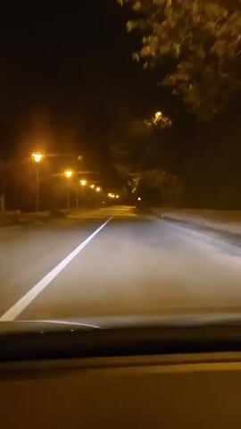 The video shows a car driving on a paved road at night. Streetlights illuminate the road and trees line the side of the road. A white line divides the road. A road sign is visible on the right side of the road.