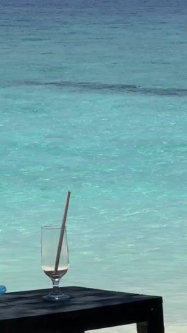 The video shows a tropical beach setting. The camera initially focuses on a glass with a straw on a small black table. The backdrop is a clear, turquoise sea with a darker blue horizon. The camera then zooms out to reveal the table is on a white sandy beach. Several wooden lounge chairs are visible nearby. The beach is shaded by lush green trees, with decorations hanging from the branches. The sky is blue with some clouds. A person is seen swimming in the distance.