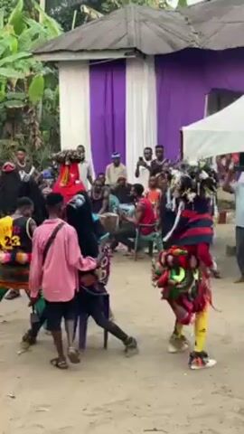 The video shows a group of traditionally dressed dancers performing outdoors. They are adorned in colorful outfits, some with flower headpieces and others with face masks. The dance appears energetic and coordinated, with the dancers moving rhythmically. A crowd of spectators surrounds them, some seated and others standing, observing the performance. In the background, there's a building with a white and purple draped entrance, along with some banana trees. The ground is sandy and suggests a natural or rural setting. A drummer can be seen in the background as well, likely providing the rhythmic accompaniment for the dance.