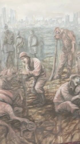 Large wartime painting documented on easel in Cape Coral