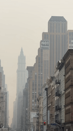Hazy skies hang low over a New York City street.