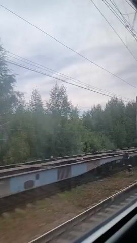 The video shows a view from inside a moving train. Through the window, we see train tracks, overhead electrical wires, and a line of trees bordering the tracks. A flatbed train car is visible on an adjacent track, carrying what appears to be cargo or equipment. The sky is overcast. The perspective suggests the train is traveling forward, indicated by the blurred scenery and the changing view through the window.