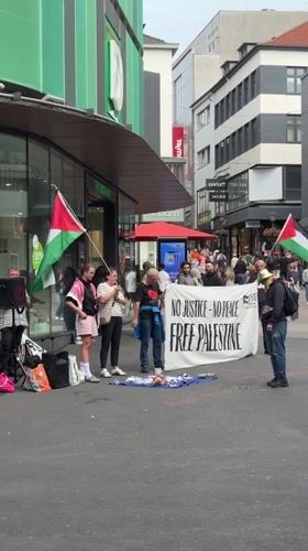 Pro-Palestinian protesters gather outside Essen shoe store
