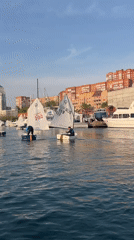 Sailboats navigate Vladivostok harbor on sunny morning
